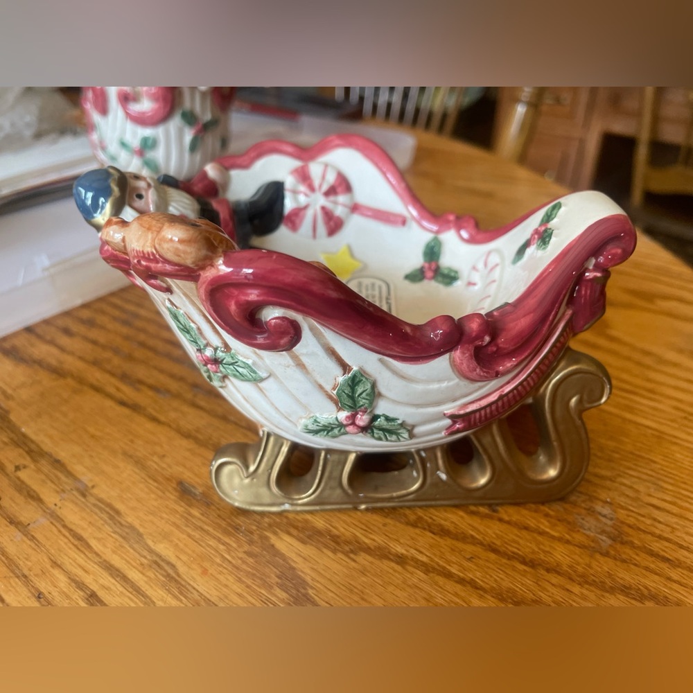 Fitz and Floyd Christmas Santa Sleigh Candy Dish 1993